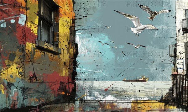 A painting of a building with a window and a boat in the water. The birds are flying in the sky AI generated