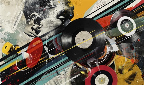 A colorful collage of various shapes and sizes, including a man and a record, with a yellow background. Concept of creativity and artistic expression, with the man. AI generated