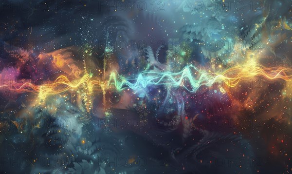 A colorful, abstract painting of a wave of light with a blue and orange stripe. The painting is full of bright colors and seems to be a representation of the energy and excitement of the universe. AI generated