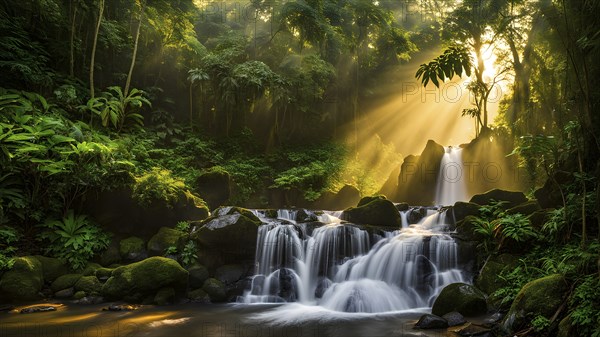 Verdant green rainforest with waterfall and sunrise in background, AI generated