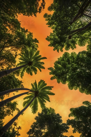Rainforest canopy with verdant greenery and a beautyful orange sky, AI generated