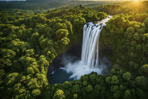 Aerial view of verdant green rainforest with waterfall and beautyful sunrise at the horizon, AI generated