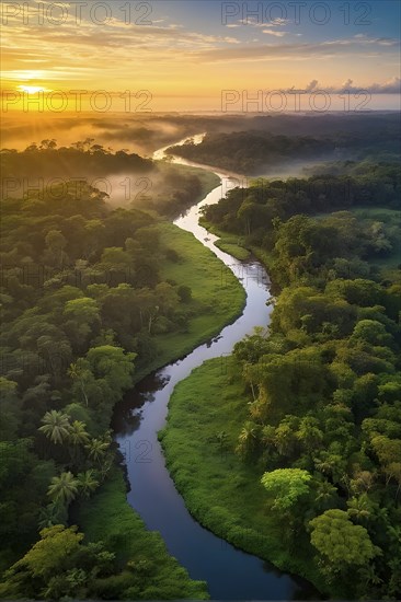 Aerial view of rainforest with meandering river and beautyful sunrise at the horizon, AI generated