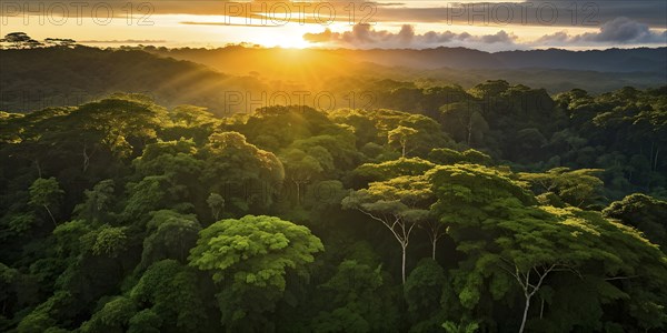 Aerial view of rainforest with beautyful sunrise at the horizon, AI generated