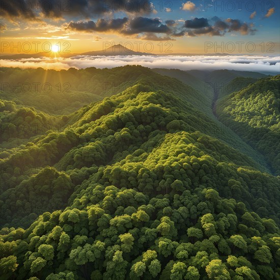 Aerial view of rainforest with beautyful sunrise at the horizon, AI generated