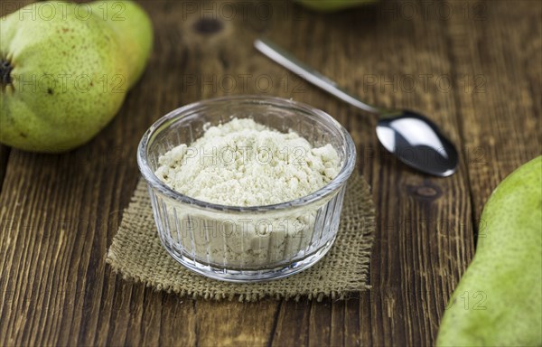 Portion of Pear powder as detailed close-up shot, selective focus
