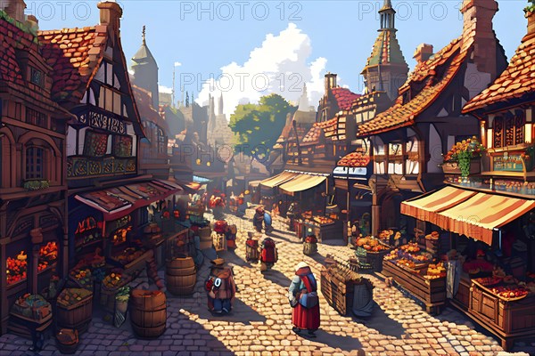 Pixel art, marketplace, medieval, pixel, art, wallpaper, illustration, AI generated