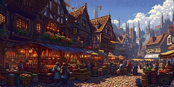 Pixel art, marketplace, medieval, pixel, art, wallpaper, illustration, AI generated