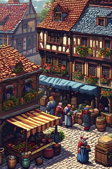Pixel art, marketplace, medieval, pixel, art, wallpaper, illustration, AI generated