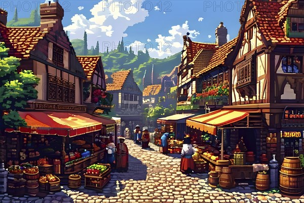 Pixel art scene of a bustling medieval marketplace with vendors displaying various goods, AI generated