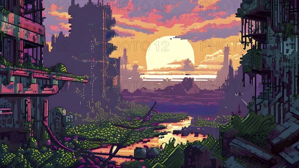 Pixel art landscape showcasing post apocalyptic world with ruined city buildings, AI generated