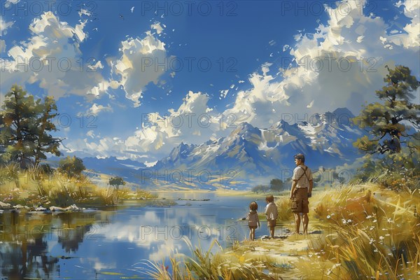 Illustration in the style of an oil painting. A man and two children are walking along the shore of a lake through a summer landscape. Snow-covered mountains in the background. AI generated, AI generated
