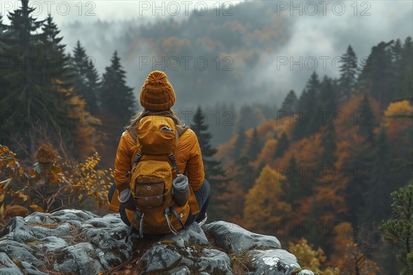 A woman rests at a viewpoint during a hike. She is sitting on a rock and looking at the autumnal forest landscape. AI generated, AI generated