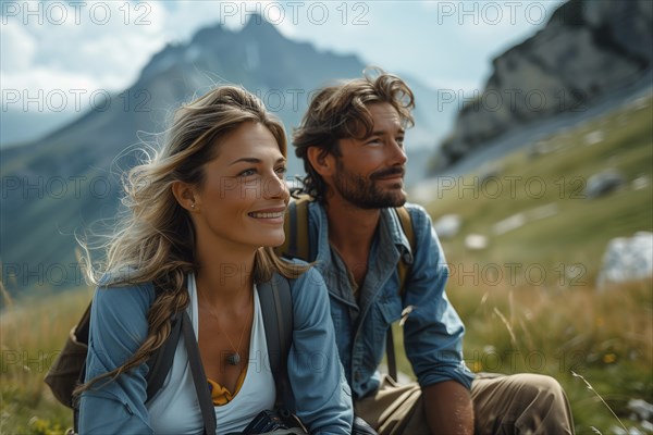 Attractive middle-aged couple resting while hiking in the mountains. The couple sits on a mountain meadow and poses. AI generated, AI generated