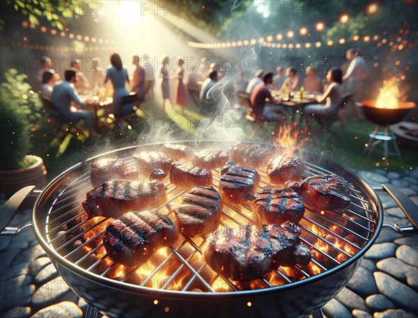A group of people are gathered around a grill, cooking meat and enjoying a barbecue. The atmosphere is lively and social, with people sitting at tables and chairs, and some of them holding drinks, AI generated