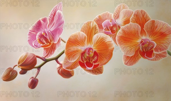 Orange orchid flower in colored pencils, AI generated