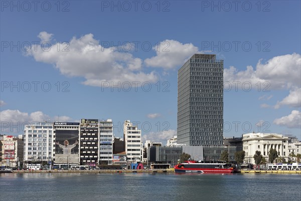 Harbour front with Piraeus Tower skyscraper, Kantharos Harbour, Piraeus, Athens, Attica, Greece, Europe