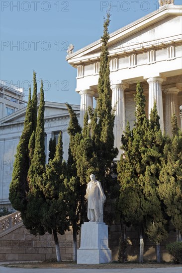 National Library, neoclassical building, architect Theophil von Hansen, statue of Panagis Valianos, Athens, Greece, Europe