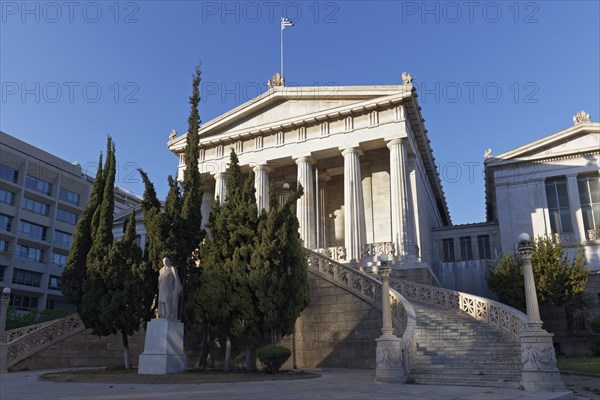 National Library, neoclassical building, architect Theophil von Hansen, statue of Panagis Valianos, Athens, Greece, Europe