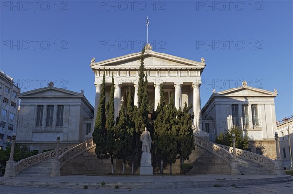 National Library, neoclassical building, architect Theophil von Hansen, statue of Panagis Valianos, Athens, Greece, Europe