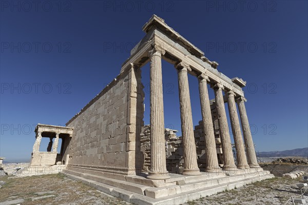 Erechteion east facade, blue sky, temple in Doric architectural style, Acropolis, Athens, Greece, Europe