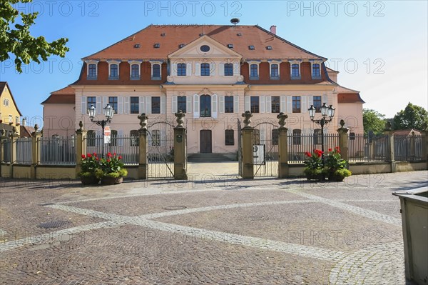 Stadionsche Schloss Bönnigheim, building, architecture, historical building, late baroque style, master builder Anton Haaf, built in 1756 on behalf of Imperial Count Anton Heinrich Friedrich von Stadion, Minister and Chancellor of the Archbishop and Elector of Mainz, country palace, summer residence, windows, white shutters, roof, north side, Bönnigheim, Ludwigsburg district, Baden-Württemberg, Germany, Europe