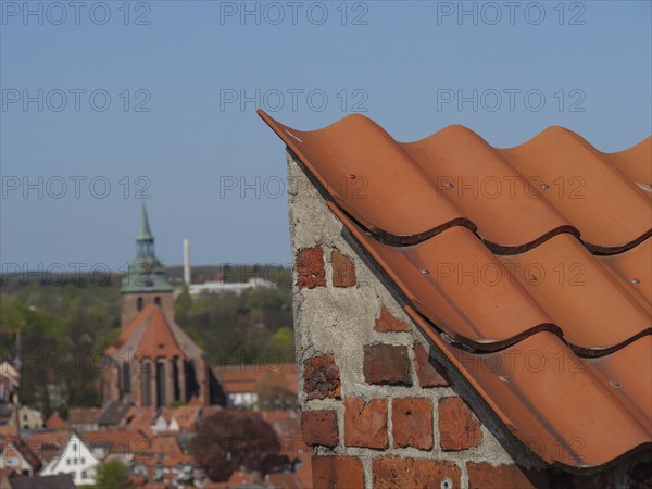 Close-up of a roof with a view of a town and a church tower in the background, lüneburg, germany