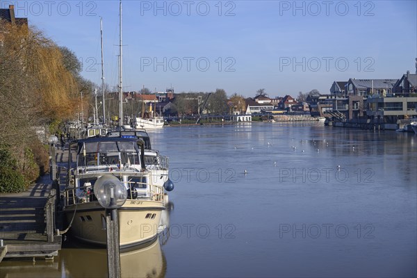 Boats lying quietly in the harbour in clear water, surrounded by trees and seagulls under a summer sky, Leer, East Frisia, Germany, Europe