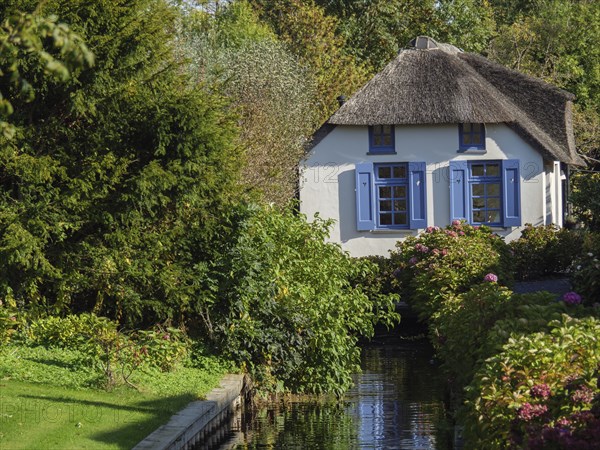A small thatched house surrounded by a green garden with colourful flowers and trees by the water, giethoorn, Netherlands