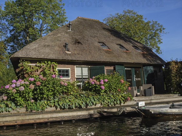 Thatched roof house with blooming flowers on the banks of a river on a sunny summer day, Giethoorn, Netherlands