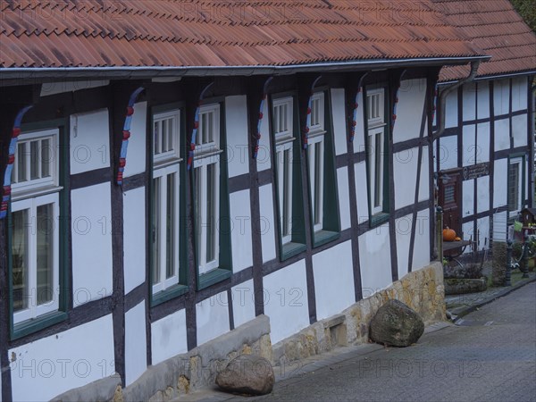 Row of half-timbered houses with white windows and red roofs lining a narrow lane in autumn, Tecklenburg, North Rhine-Westphalia, Germany, Europe