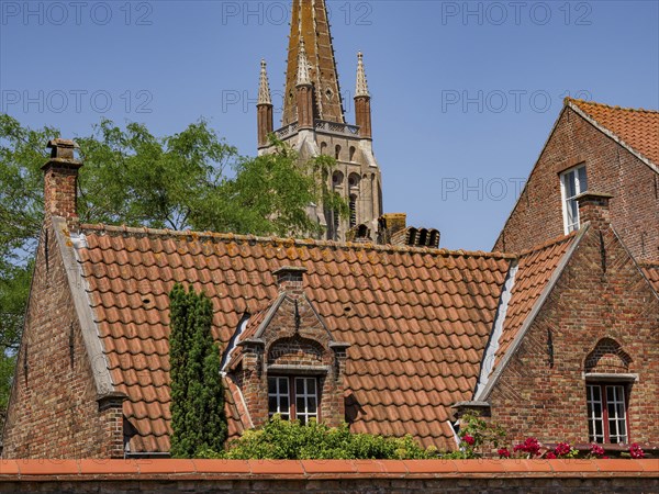 Roofs and a church tower rise behind historic brick buildings under a clear sky, Bruges, Belgium, Europe