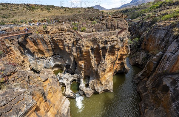 Bridges over a canyon with steep orange-coloured cliffs and the Blyde River, Bourke's Luck Potholes, Panorama Route, Mpumalanga, South Africa, Africa