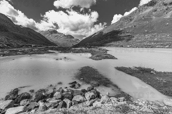 Glacial lake below the Moiry glacier, black and white photograph, near Grimentz, Val d'Anniviers, Valais Alps, Canton Valais, Switzerland, Europe