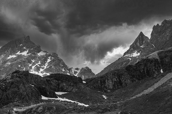 Dark clouds over the Valais Alps, black and white photo, near Grimentz, Val d'Anniviers, Valais Alps, Canton Valais, Switzerland, Europe
