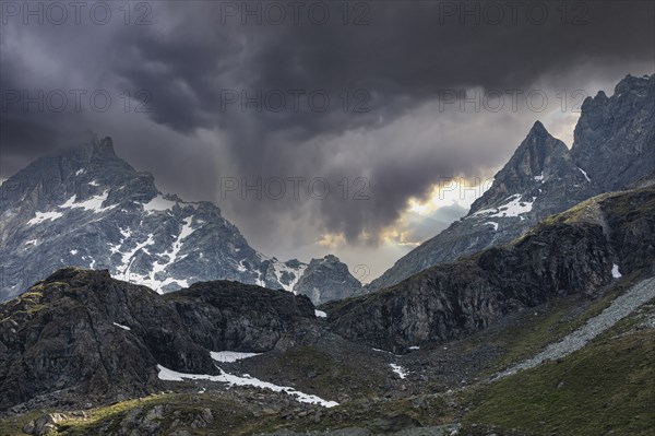 Dark clouds over the Valais Alps, near Grimentz, Val d'Anniviers, Valais Alps, Canton Valais, Switzerland, Europe