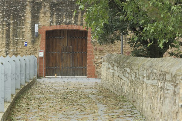 Path with railing and wall to the Tor tor, Altes Wasserschloss, Hofheim, Hesse, Germany, Europe