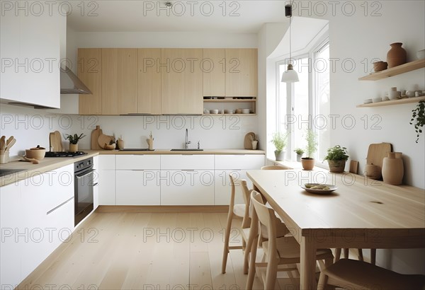 Minimalist kitchen with bright natural light, wooden furniture, and modern white cabinets, AI generated