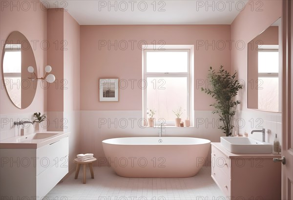 Modern bathroom with pink walls, a freestanding tub, and a soft, calming atmosphere, AI generated