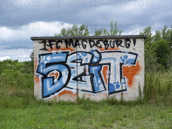 Graffiti 1. FC Magdeburg since 1965 on a wall at Jersleber See. In the European Cup, 1. FC Magdeburg reached the quarter-finals in the 1965-66 season after an 8:1 victory over FC Sion on 17 November 1965, the highest victory in its European Cup history., Jersleben, Saxony-Anhalt, Germany, Europe