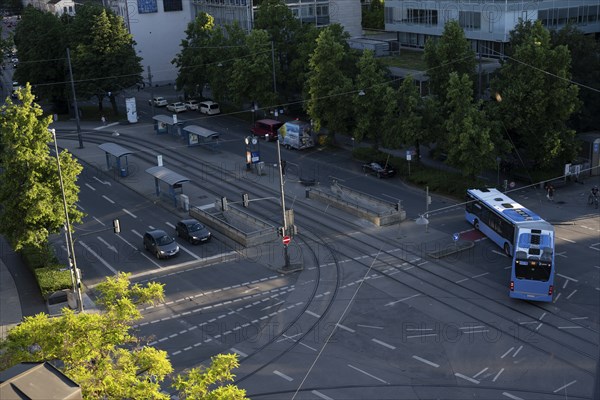 View from above of a road junction with tram stop and public bus, Stiglmaierplatz, Munich, Upper Bavaria, Bavaria, Germany, Europe
