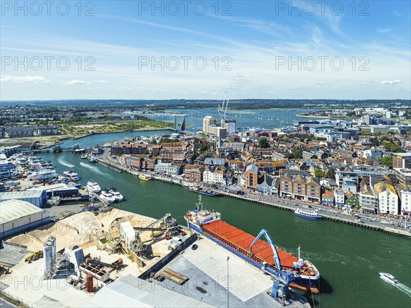 Harbour and Marina over Poole Quay from a drone, Poole, Dorset, England, United Kingdom, Europe