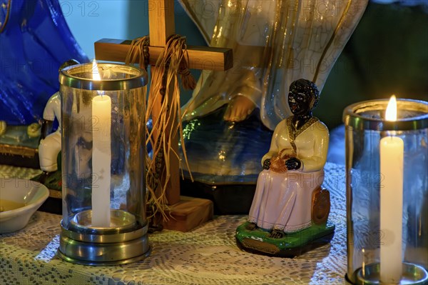 Altar with religious symbols honoring the entities and deities present in Umbanda and Candomble in Brazil, Brazil, South America