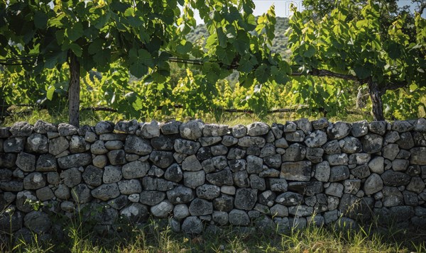 Vineyard with a stone wall and grapevines AI generated