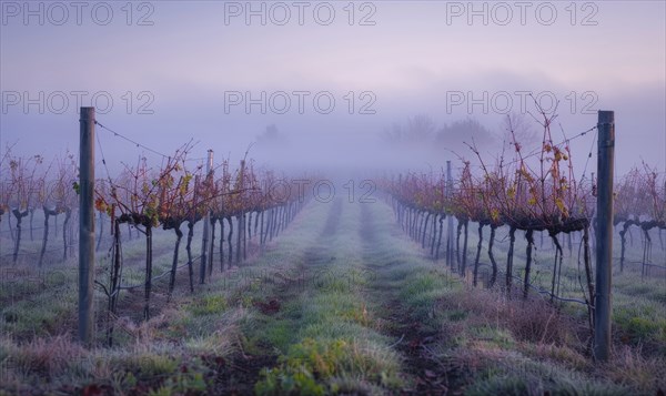 Vineyard in the early morning mist AI generated