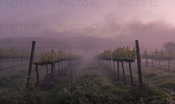 Vineyard in the early morning mist AI generated
