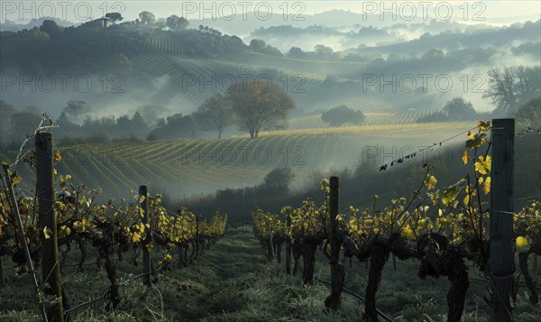 Vineyard in the early morning mist AI generated