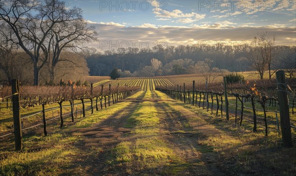 Vineyard in late afternoon light with long shadows AI generated