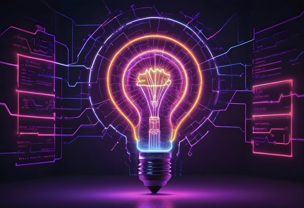 Neon light bulb with circuitry, representing innovation and technology, AI generated
