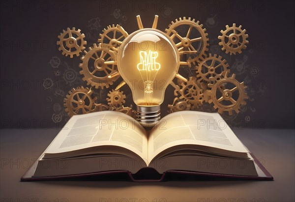 Open book with a glowing light bulb and gears symbolizing innovation and knowledge, AI generated